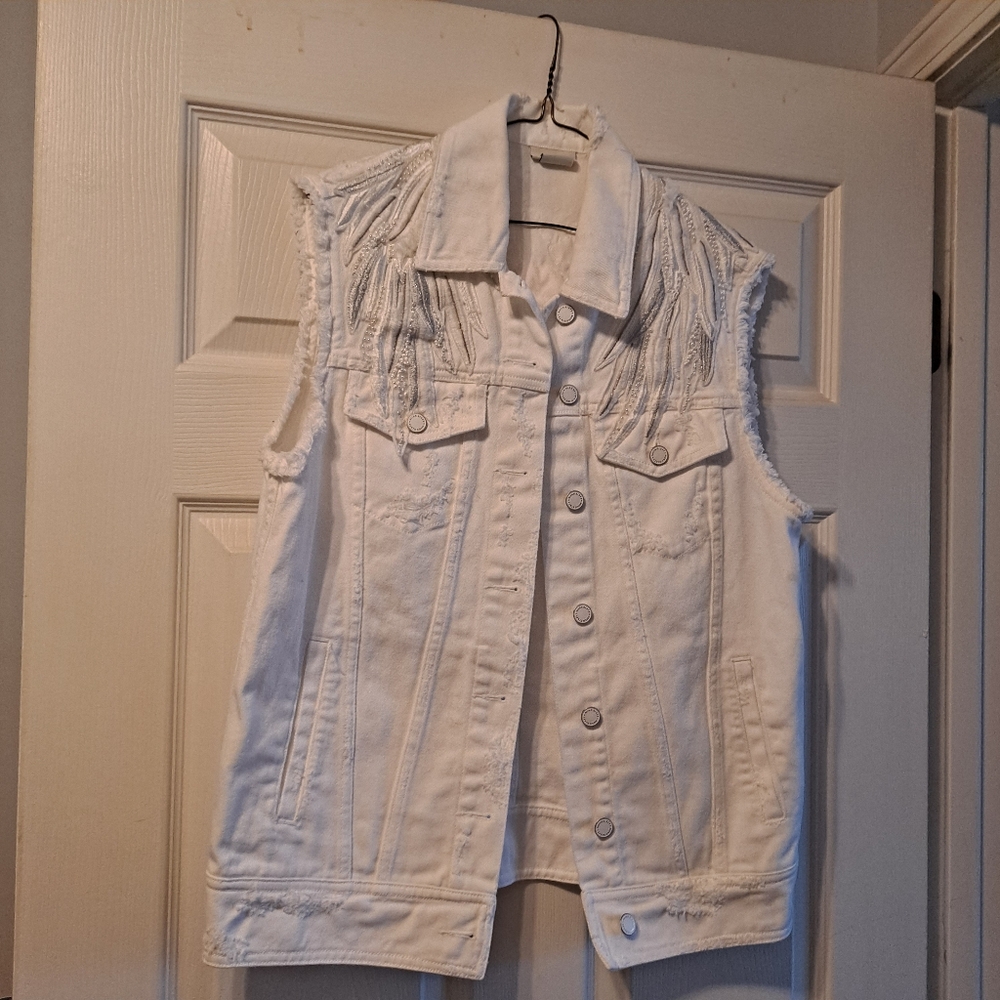 Miss Sixty White Sleeveless Denim Vest Small With Wings And Mouth